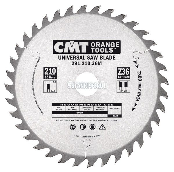 291.210.36L CMT Диск пильный 210x25x2,8/1,8 15° 15° косой зуб Z=36